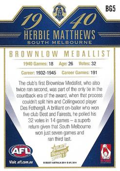 2014 Select AFL Honours Series 1 - Brownlow Gallery #BG5 Herbie Matthews Back